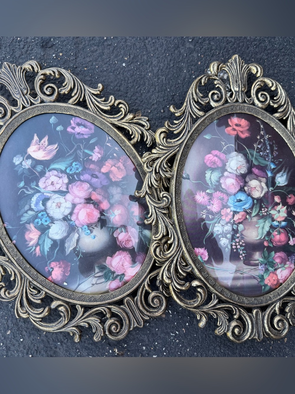 2) Vintage Italian Ornate Brass Oval Frame Floral Print Convex Bubble Glass Art